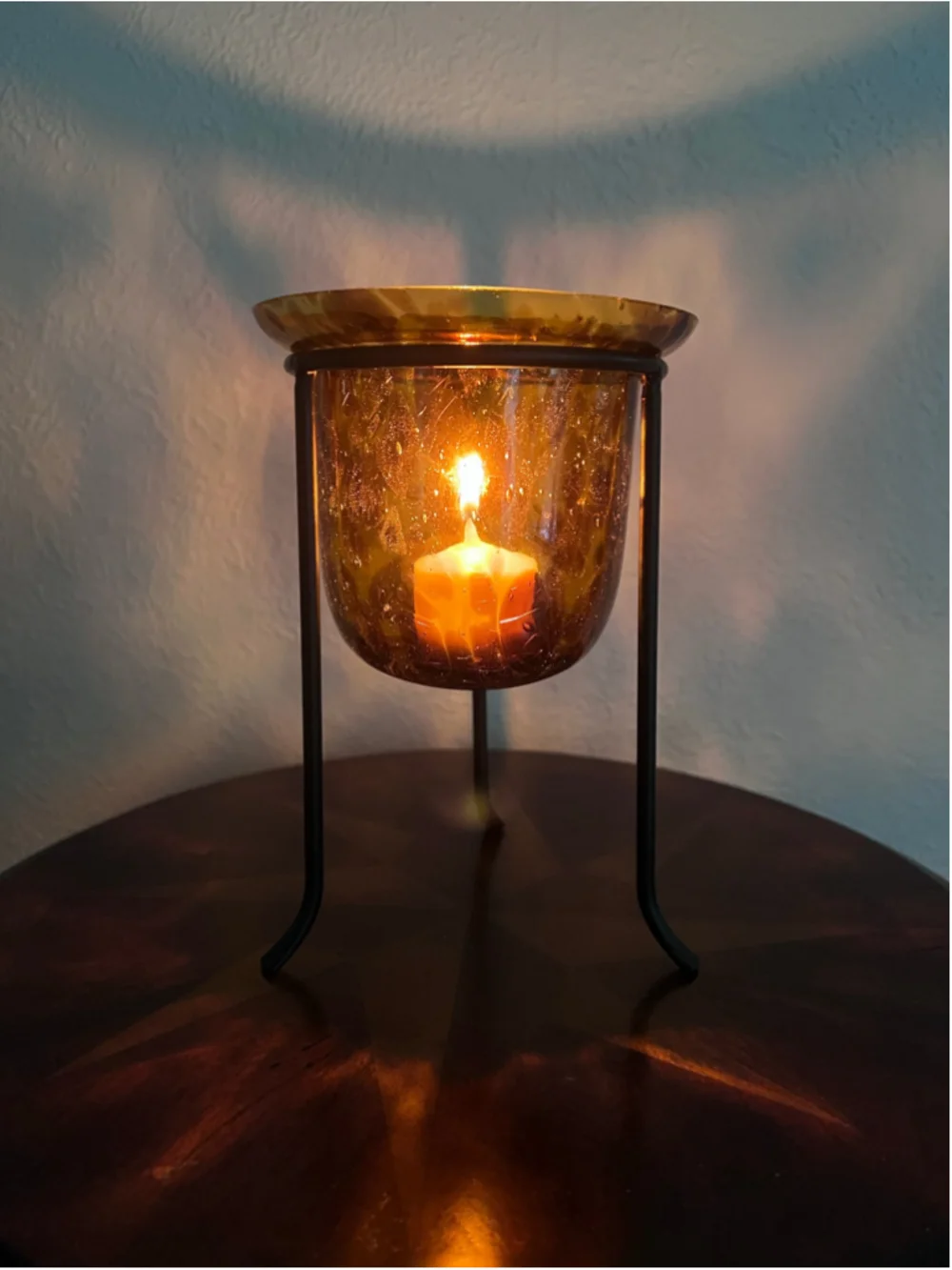 VTG Cheetah Leopard Candle Holder Amber Black Glass Metal Stand